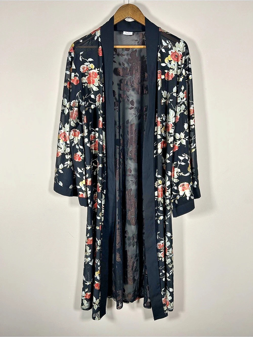Impulse Womens Floral Kimono Duster Size 1X Black Sheer Rose Whimsigoth Fairy